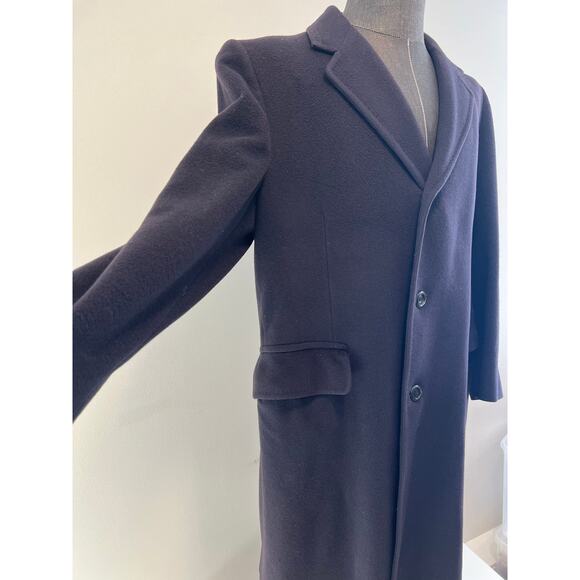 Vintage Le Chevron 100% Cashmere Navy Blue Long Overcoat Size 40 SG - Picture 3 of 11